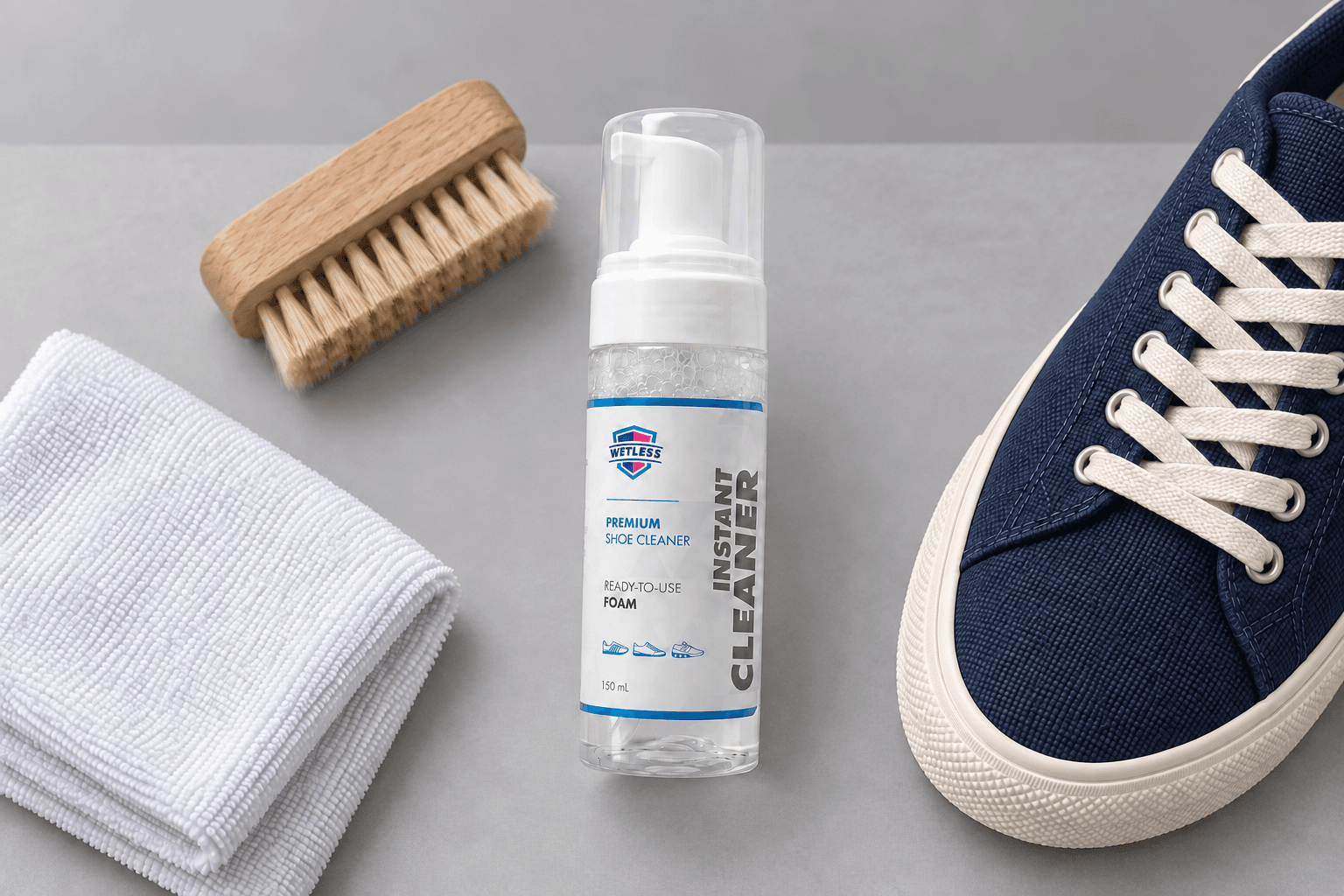 ภาพประกอบขวดปั๊ม Foam Cleaner พร้อมสนีกเกอร์ผ้าใบสีกรม ผ้า และแปรง